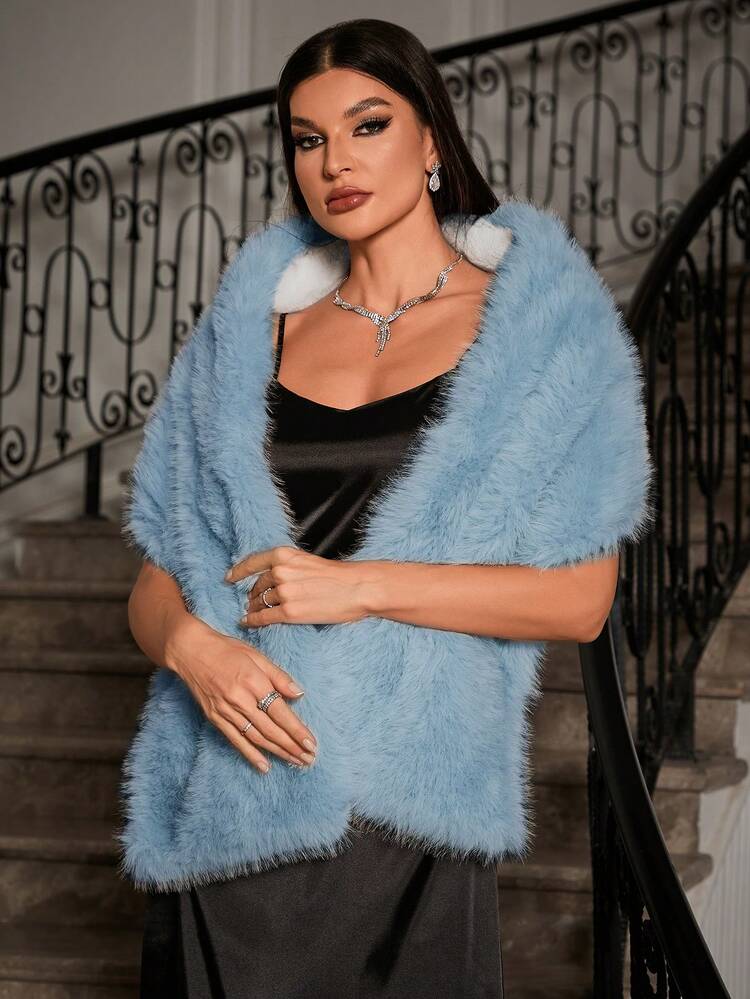 SHEIN Foxxy Women's Solid Color Toca Faux Fur Cape, Winter,Party Big Red Fur Cape For Holiday Party Clothes - Dusty Blue - View 5