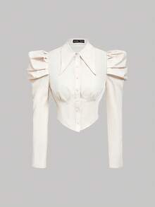 SHEIN MOD Bộ trang phục công sở thanh lịch dành cho nữ gồm 2 món: Áo cánh tay bồng ôm sát và váy xòe họa tiết răng sói, Xuân/Thu - Nhiều màu - Xem 3