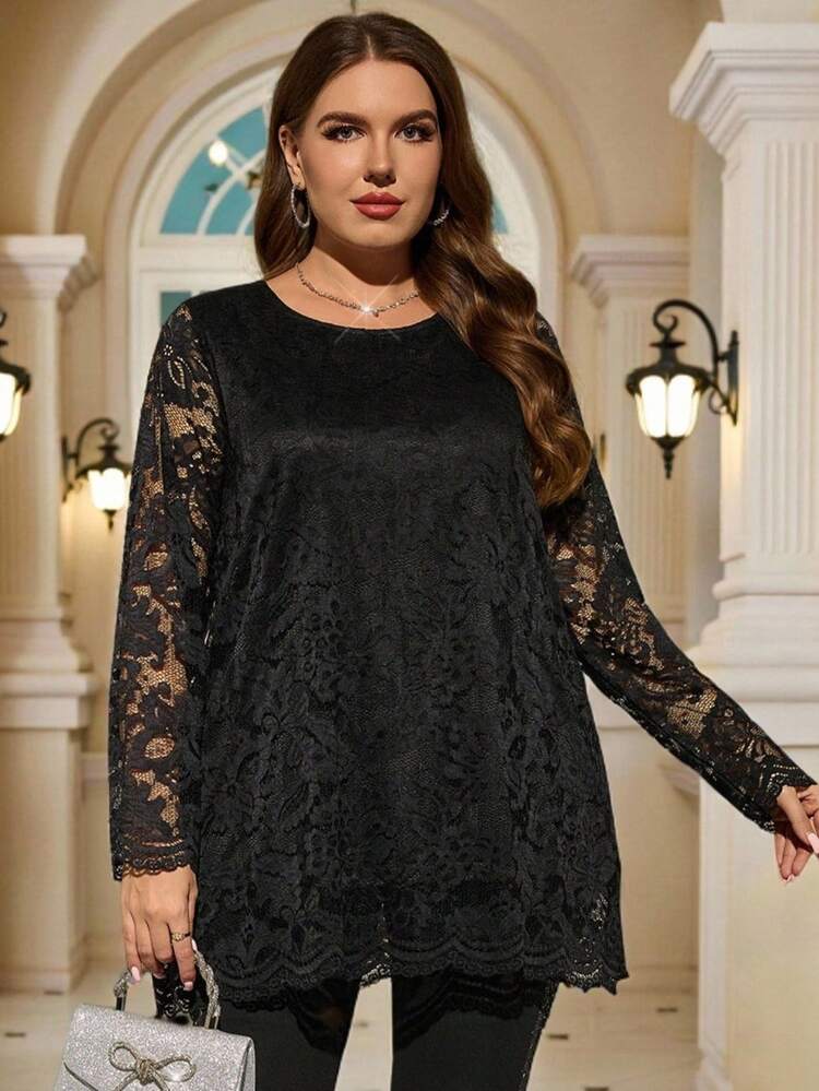 Plus Size Elegant Solid Color Black Lace Long Sleeve T-Shirt, ,Going Out, New,Simple And Fashionable For Everyday Wear, ,Comfortable And Breathable,,New Year,Spring/Summer/Vacation