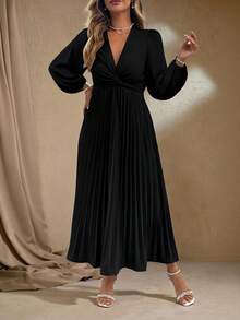 Roveilla Đầm xòe dài tay dáng rộng thiết kế thắt nút xoắn thanh lịch mới dành cho nữ cỡ lớn, dáng xòe xếp ly, dự tiệc và công sở - màu đen - Xem 1