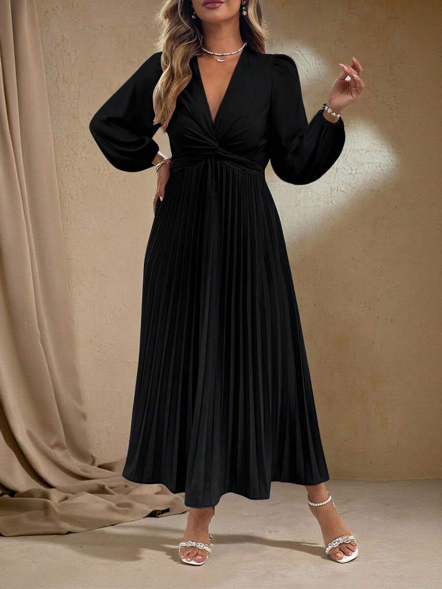 Roveilla Đầm xòe dài tay dáng rộng thiết kế thắt nút xoắn thanh lịch mới dành cho nữ cỡ lớn, dáng xòe xếp ly, dự tiệc và công sở - màu đen - Xem 1