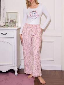 SHEIN Cute & Sweet Heart Rabbit Print Knitted Lace Long Sleeve Top & Leopard Fleece Pants Women Pajama Set, Fluffy Winter Clothes - Multicolor - View 1