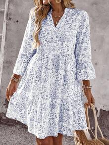 EMERY ROSE 女士印花V领喇叭袖休闲迷你连衣裙，适合度假 - 藍色 - 查看 4