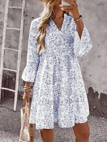 EMERY ROSE 女士印花V领喇叭袖休闲迷你连衣裙，适合度假 - 藍色 - 查看 6