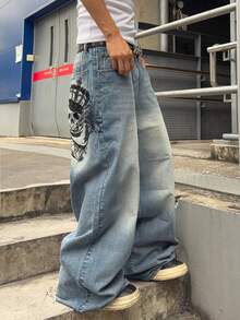 ROMWE MEN Men's Loose Fit Jeans With Skull Embroidery Design - Medium Wash - View 5