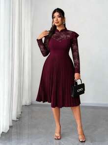 Elenzga 大码女士优雅浪漫日常派对连衣裙，新年派对、婚礼宾客礼服，撞色蕾丝立领，荷叶袖，褶裥飘逸连衣裙，春秋季 - 酒紅色 - 查看 3