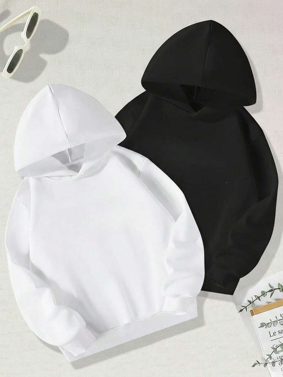 Paquete 2 hoodies mujer lisas sudaderas básicas gorro capucha puños acanalados calientita cómoda diario - Blanco y Negro - Ver 1