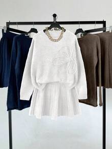 Elenzga Bộ 2 món váy xếp ly chữ A thêu trơn màu đơn giản dành cho nữ - trắng - Xem 8