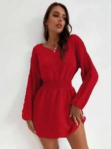 EMERY ROSE Casual Solid Color Waist Cinched Knit Dress, Autumn/Winter - Red - View 3