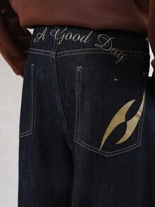 DAZY 男士字母印花刺绣设计原色藏蓝色牛仔裤，秋季款 - 黑色 - 查看 3