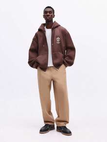 SUMWON Regular Men's Brown Full-Zip Hoodie With Drawstring Hood Centre Pocket Logo Branding Comfortable Casual Sweatshirt For Fall Winter Daily Wear Layering - Brown - View 4