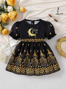 Baby Girl Unique Print Cute Puff Sleeve Dress - Black - View 3