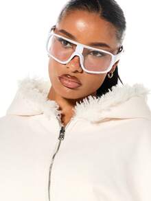 SUMWON WOMEN 超大款双面全拉链连帽衫，带羊羔绒内衬，宽松休闲冬季卫衣外套，长袖连帽衫 - 白色 - 查看 6