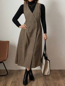 Zelara Jachetă midi kaki fără mâneci, cu talie elastică, toamnă/iarnă - cafea maro - Vizualizare 4