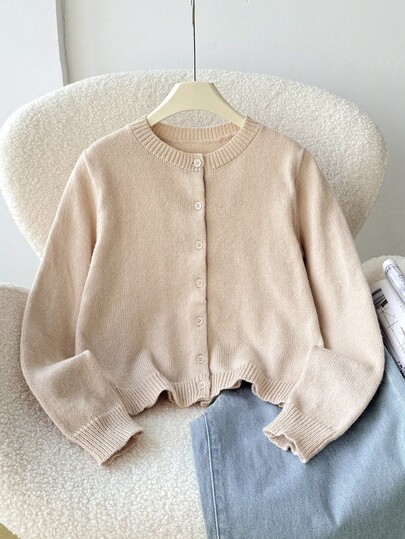 SHEIN Tween Girl Loose Casual Minimalist Comfortable Round Neck Open Front Solid Color Sweater