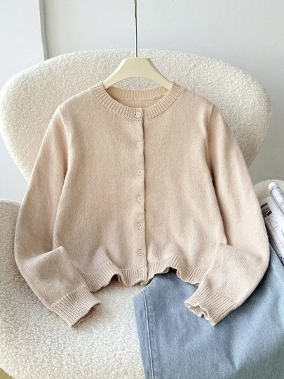 SHEIN 少女宽松休闲简约舒适圆领开襟纯色毛衣