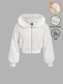 SHEIN MOD 女士连帽长袖心形图案毛绒边饰外套，秋冬季，早午餐女士装扮，秋季婚礼宾客连帽衫，返校节，90年代风格装扮，女士晚秋休闲撞色毛绒外套，拉链常规袖连帽常规版型白色纯色女士外套，休闲日常穿着