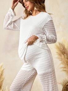 Boho Mama Maternity Two-Piece Set,Women's Boho Lace Textured Top And Pants Set,Adjustable Elastic Waistband,Holiday Birthday White Autumn Casual Matching Set - White - View 3