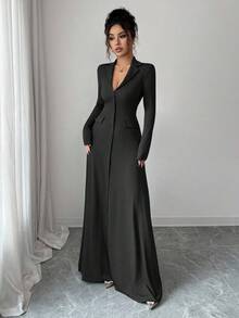 SHEIN Elenzya Gaun Rajut Elegan Bergaris Polos Ukuran Standar Wanita, Musim Gugur/Dingin - Hitam - View 5