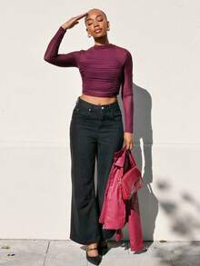 Yess Loren Mock Neck Ruched Mesh Perspective Crop Top Without Bra - Burgundy - View 3