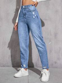 SHEIN ICON 1. 女士加大码做旧直筒水洗蓝牛仔裤 - 中等水洗藍 - 查看 1