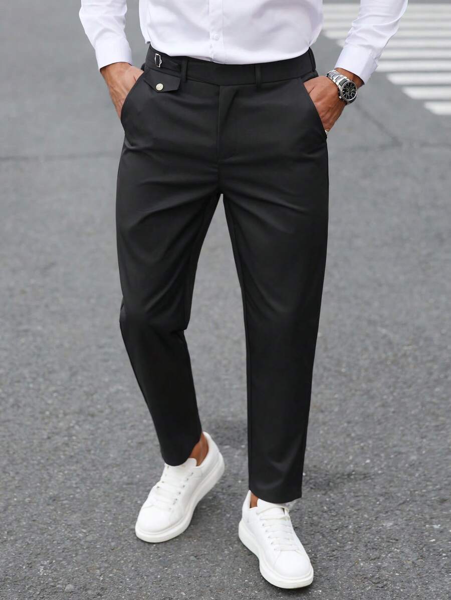 Calvornis Men's Modern Fit Cropped Black Woven Trousers With Unique Buckle Detail For Business And Everyday Wear Men Black Dress Pants Men Trousers - Black - View 1