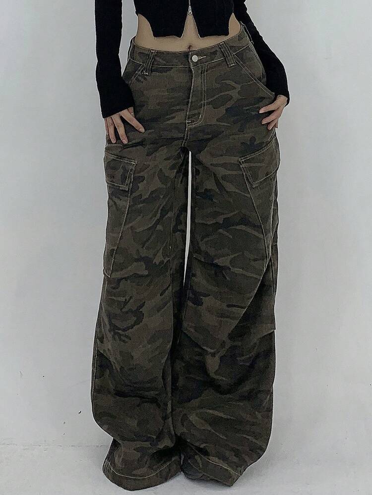 Women's Fully Allover Print Street Style Casual Cargo Pocket Camouflage Korean Denim Jeans