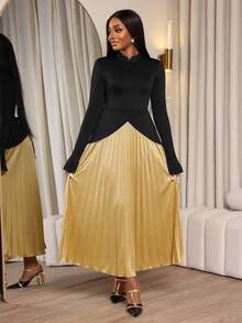 SHEIN Elenzya Elegante vestido nuevo de moda con cuello de volantes, color dorado, plisado, bloque de color, espalda cruzada con lazo, adecuado para citas de mujeres, fiestas formales, Navidad, Halloween, San Valentín, elementos chinos, cuello Mao, atuendo de Año Nuevo, otoño/invierno