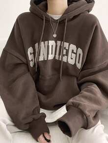 DAZY Women's Letter Embroidered Drop Shoulder Long Sleeve Drawstring Hooded Casual Pocket Sweatshirt