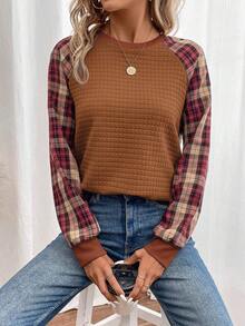EMERY ROSE Plaid Raglan Sleeve Sweatshirt In Fall/Winter,Fall,Fall Clothes For Women,Women's Winter Clothes Brown Long Sleeve Top - Brown - View 3