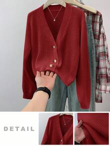 SHEIN Teen Girls' Solid V-Neck Cropped Casual Loose Drop Shoulder Long Sleeve Cardigan Sweater, Autumn - Red - View 9