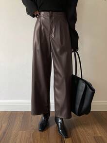 DAZY Damen Lässig PU Leder einfarbige Weite Bein Knöchellange Hose, Herbst/Winter