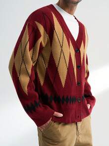 Airaco Cardigan de Tricô com Decote em V Losangular Masculino, Nova Coleção de Outono - Multicolorido - Visão 3