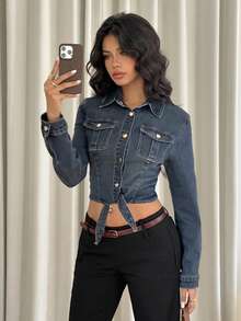 SHEIN PETITE 女士秋季时尚前扣系腰牛仔衬衫 - 深色水洗藍 - 查看 7