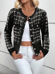 EMERY ROSE Áo khoác cardigan dệt kim đơn hàng khuy kim loại kẻ caro dành cho nữ, Thu/Đông - màu đen - Xem 3