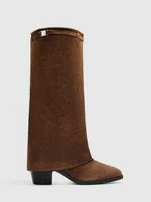 CUCCOO BIZCHIC 女士咖啡色绒面革方头粗跟高筒靴，休闲通勤高筒过膝靴，适合秋冬季穿着 - 咖啡棕 - 查看 1