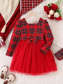Robe de Noël pour jeune fille avec épaules dénudées, manches bouffantes, base rouge à carreaux noirs et double couche de maille rouge et noire aux manches longues - Rouge - Voir 3