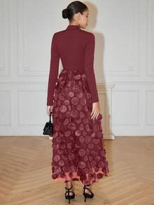 Rafferiza Women's Turtleneck Ribbed Splice Floral Mesh Elegant Long Sleeve Dress Maxi Women Outfit - Burgundy - View 2