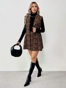 Elyressa 女士秋季格子翻领双排扣无袖外套和中长裙优雅套装 - 棕色 - 查看 3