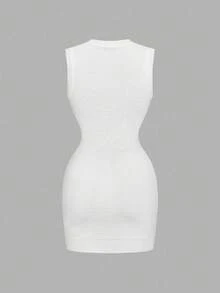 SHEIN MOD 女士休闲印花无袖针织毛衣裙，简约风格 - 白色 - 查看 2