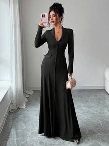 SHEIN Elenzya Gaun Rajut Elegan Bergaris Polos Ukuran Standar Wanita, Musim Gugur/Dingin - Hitam - View 3
