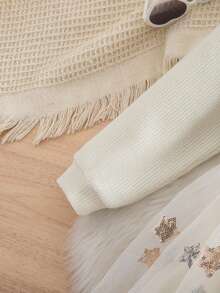 年轻女孩优雅可爱针织撞色网纱亮片长袖连衣裙 - 杏色 - 查看 2