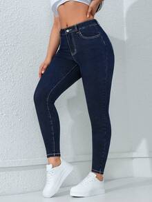 SHEIN PETITE Quần Jeans Denim Túi Ôm Vừa Vặn Thường Ngày Màu Trơn Cho Nữ - Rửa tối - Xem 4