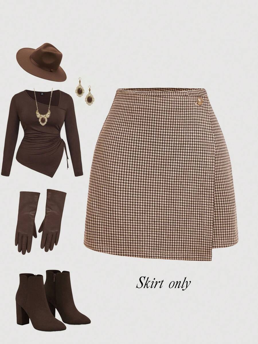 SHEIN MOD 大码女式休闲商务通勤百搭简约A字裙 - 棕色 - 查看 1