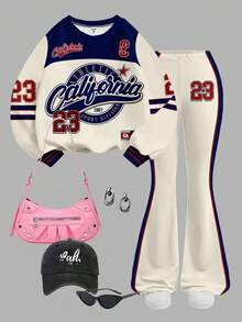 SHEIN 2 件套年轻女孩休闲宽松圆领长袖运动衫运动服，复古美式学院风，运动数字 23 印花，适合秋冬，嬉皮风，音乐节，BM，复古甜美，校园风，城市漫步，街头服饰