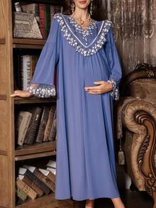 PalaceNights Cămașă de noapte pentru gravide, stil vintage Palace, cu dantelă brodată, iarnă