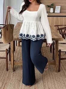 EMERY ROSE Plus Size Women's Contrast Color Embroidered Ruffle Trim Square Neck Casual 2 Pieces Set, Autumn/Winter - Blue and White - View 3