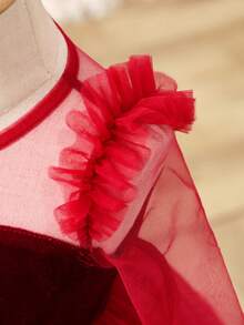 优雅酒红色天鹅绒网纱拼接长袖连衣裙，适合女婴 - 酒紅色 - 查看 4