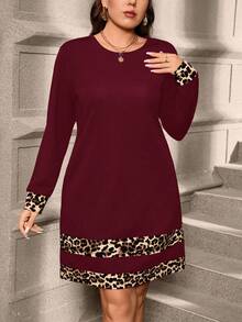 SHEIN Clasi Plus Size Solid Leopard Print Patchwork Minimalist Daily Wear Round Neck Long Sleeve Dress/Winter - Burgundy - View 4