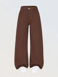 Quần jeans ống rộng dáng rộng cho bé gái tuổi teen, phong cách Y2K, chất liệu cotton thoải mái, thích hợp mặc hàng ngày, đi học và đi làm, có sẵn trong mọi mùa - Cà phê nâu - Xem 3